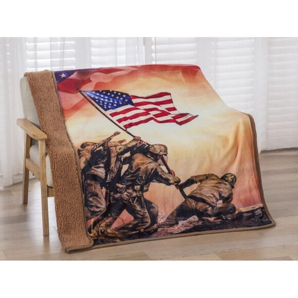 New Iwo Jima Memorial Sherpa Plush Throw Gift Blanket Marines Raising US Flag - Picture 1 of 4